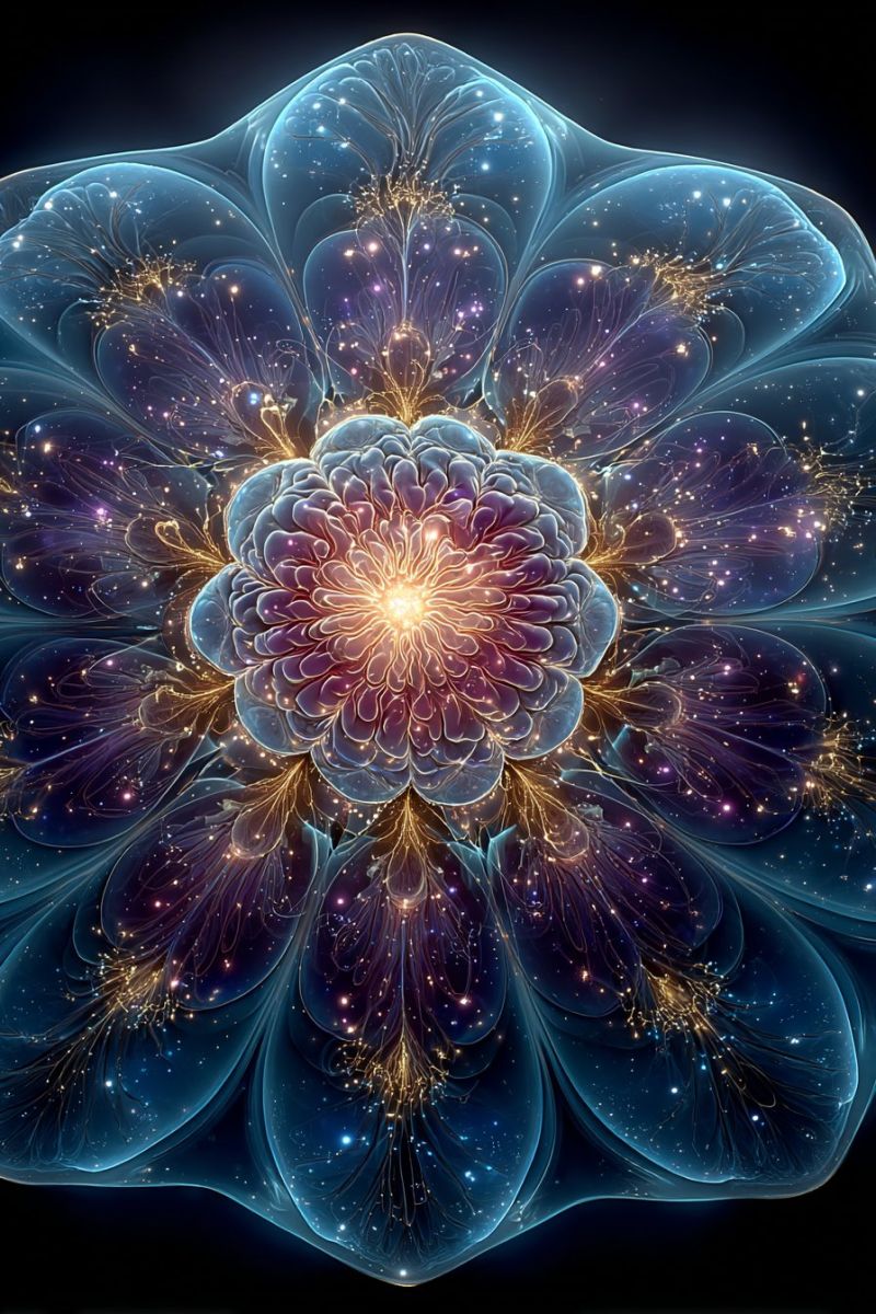 Fleur fractal design geometrique symetrie infinite espace cosmos galaxie etoile nebuleuse univers imagination Fleur avec un coeur jaune central entouré de couches de pétales bleus et violets. Les pétales sont finement détaillés, ressemblant à un motif fractal avec des lignes et des points délicats et lumineux. Le fond est sombre, mettant en valeur l'apparence lumineuse de la fleur. Le design global est symétrique, avec un sentiment de profondeur et de mouvement, créant un effet visuel fascinant.