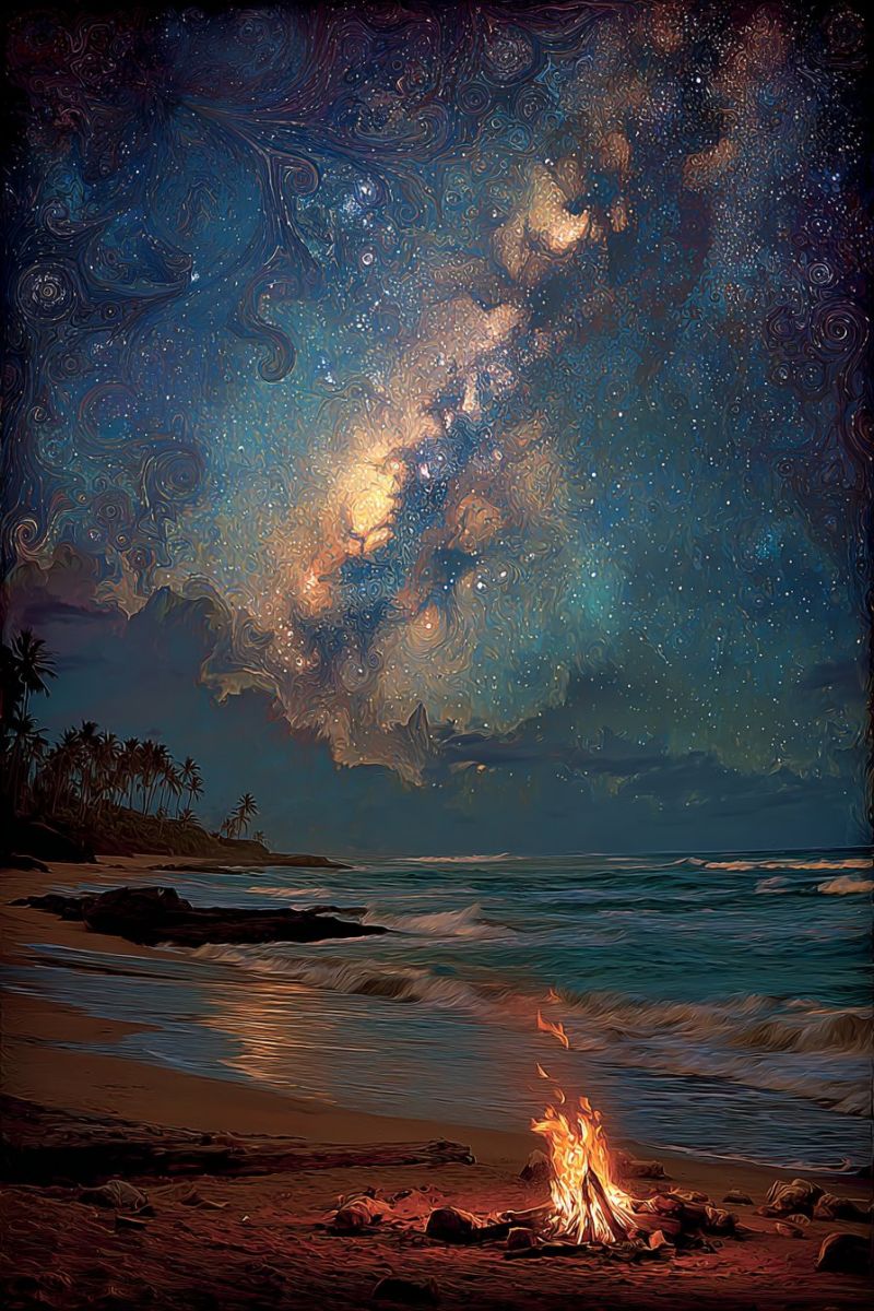 Beach fire night sky stars water waves clouds rocks sand trees palm serene beach scene at night. The sky is a deep, swirling blue with a mix of dark and light hues, creating a dynamic and almost abstract effect. The Milky Way is prominently displayed, with its soft, glowing light stretching across the sky. The beach is sandy, with a bonfire burning brightly in the foreground, casting warm, flickering light. The fire is surrounded by rocks and some scattered wood. The ocean is calm, with gentle waves lapping at the shore. In the distance, there are silhouettes of palm trees, adding to the tropical ambiance. The overall scene is peaceful and inviting, with the fire providing a cozy, warm glow against the cool night sky.