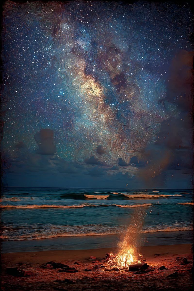 Beach fire night sky stars water waves clouds reflection sand ocean horizon dark nighttime astronomy cosmic celestial universe serene beach scene at night. A bonfire burns brightly on the sandy shore, casting warm, flickering light onto the surrounding area. The fire is encircled by rocks, and its smoke rises into the air. The beach stretches out to the left, with gentle waves lapping against the shore. The sky above is a deep, dark blue, filled with countless stars. The Milky Way galaxy is prominently displayed, its light creating a shimmering, ethereal effect across the sky. The overall atmosphere is tranquil and magical, with the contrast between the warm firelight and the cool, starry night sky creating a captivating scene.