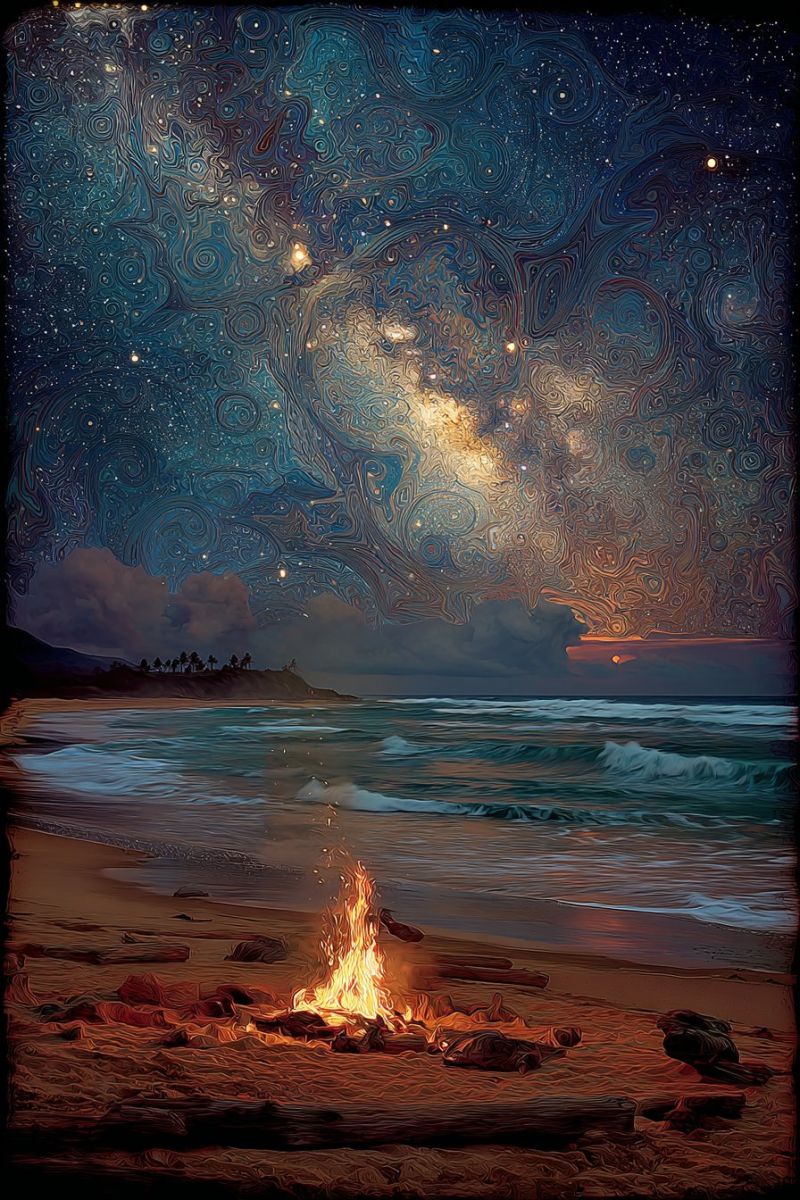 Beach fire night sky stars water waves clouds horizon trees mountains sunset reflection dark painting imagination creativity serene beach scene at night. The sky is a deep, swirling blue and gold, with a galaxy-like pattern that seems to flow and blend into itself. Stars are scattered throughout, some brighter than others, adding to the celestial feel. The horizon shows a gentle transition from the night sky to the setting sun, which is partially hidden behind a cloud, casting a warm glow over the scene. The beach is wide and sandy, with a bonfire burning brightly in the center. The fire is encircled by rocks and driftwood, creating a cozy, inviting atmosphere. The ocean is calm, with gentle waves lapping at the shore. In the distance, a small hill with trees can be seen, adding to the tranquil and picturesque setting.