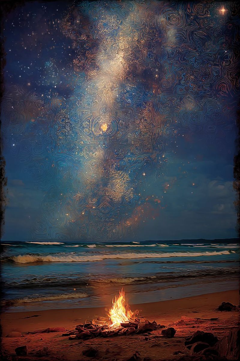 Plage feu nuit ciel etoiles eau vagues bois camp camping bucher fosse Scène de plage sereine la nuit. Un feu de camp brûle brillamment sur le rivage sablonneux, projetant une lumière chaude et vacillante sur les environs. Le feu est entouré de rochers et de bâtons, créant une atmosphère rustique et chaleureuse. La plage s'étend vers la gauche, avec de douces vagues léchant le rivage. L'océan est calme, reflétant la douce lueur du feu de camp. Au-dessus, le ciel nocturne est d'un bleu profond et sombre, orné d'innombrables étoiles et d'une Voie lactée brillante et proéminente. La Voie lactée s'étend à travers le ciel, créant un motif abstrait fascinant de lumière et d'ombre. La scène générale est tranquille et invitante, le feu de camp offrant un point focal de chaleur et de lumière.