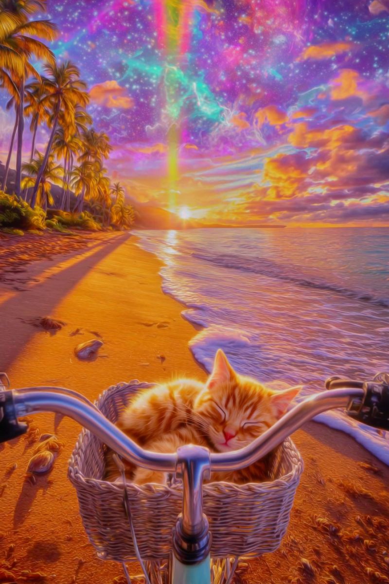 Beach cat sleeping basket bicycle sunset ocean sky rainbow clouds tropical relaxation dreamy serene imaginative fantasy palm trees warm A cat is sleeping in a basket on a bicycle on a beach. The beach has golden sand and palm trees. The sky is a mix of orange and pink with a rainbow-like effect. The sun is setting on the horizon, casting a warm glow on the scene. The water is calm, and the waves are gentle. The bicycle is parked on the sand, and the cat is curled up in the basket, looking peaceful.