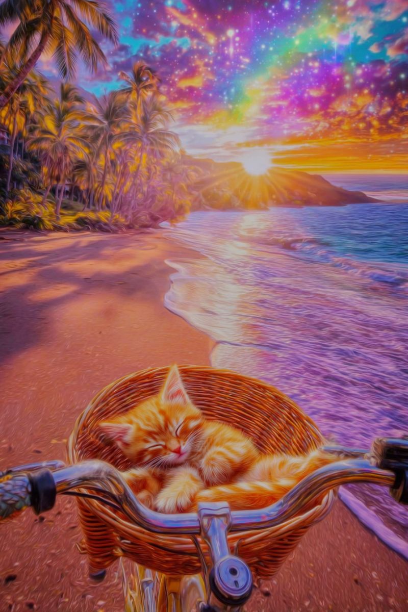 Plage chat panier bicyclette dormir coucher soleil ciel arc nuages ocean vagues rivage montagne tropical fantaisie onirique palmier arbres Une scène vibrante et rêveuse met en scène un chaton orange endormi dans un panier tressé sur un vélo. Le vélo est positionné sur une plage de sable avec de douces vagues léchant le rivage. Derrière le vélo, des palmiers bordent la plage, et le ciel est baigné d'un mélange surréaliste de couleurs, incluant des violets, des bleus et des jaunes, avec un soleil couchant répandant une chaleur douce. L'océan s'étend au loin, reflétant le ciel coloré.