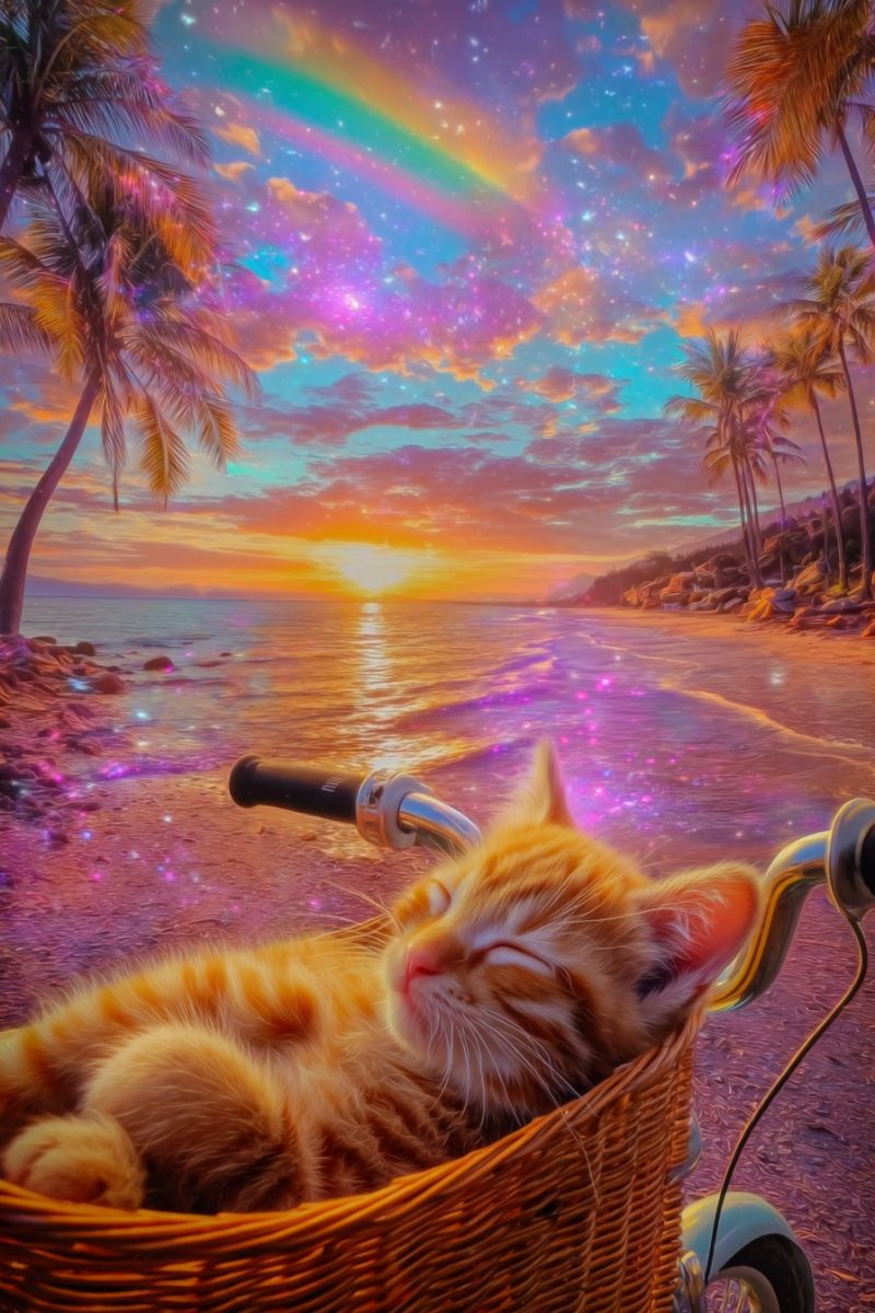 Chat panier velo plage coucher soleil arc ciel mer rochers vagues montagnes etoiles nuages orange violet rose bleu jaune reveur palmier arbres Un chat dort dans un panier sur un vélo sur une plage. La plage a des palmiers et un coucher de soleil en arrière-plan. Le ciel est coloré avec un arc-en-ciel et des étoiles. Le chat est orange avec des moustaches blanches et ses yeux sont fermés. Le vélo a un guidon noir et une sonnette argentée. La plage a une teinte violette et rose.