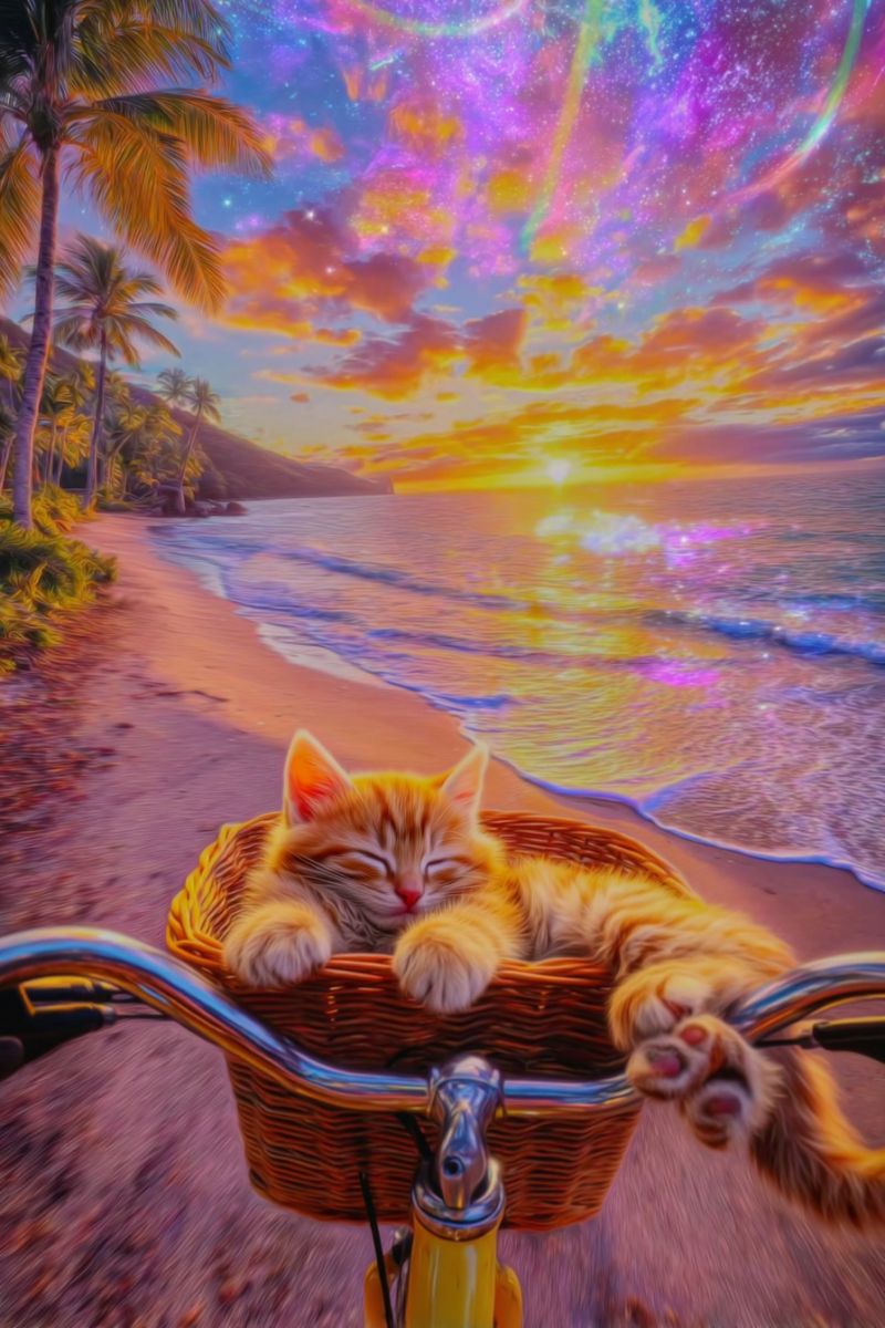 Cat basket bicycle beach sea sky clouds sunset mountain waves reflection colorful dreamlike fantasy painting palm trees An orange cat is sleeping in a basket on a bicycle. The bicycle is on a sandy beach with palm trees and a sunset in the background. The sky is a mix of orange, pink, and purple colors. The sea is calm with small waves. The cat is lying on its side with its paws stretched out. The basket is brown and woven. The bicycle has a yellow frame and silver handlebars.