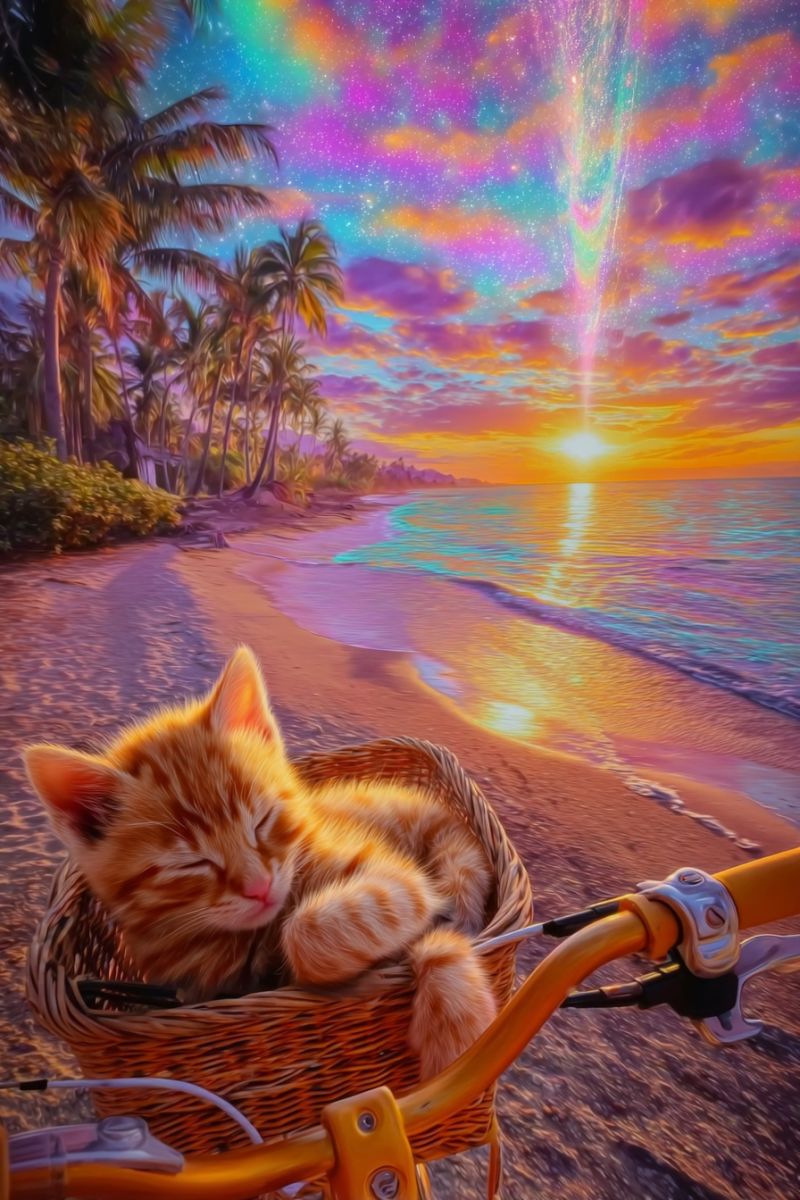 Chat panier plage bicyclette ciel coucher soleil eau vagues horizon nuages arc etoiles nuit reve fantaisie imagination palmier arbres Un chaton orange endormi repose dans un panier en osier sur un vélo jaune. Le vélo est garé sur une plage de sable avec des palmiers et un coucher de soleil coloré en arrière-plan. Le ciel est un mélange de teintes violettes, roses et orange, avec un soleil brillant se couchant à l'horizon. L'eau est calme, reflétant les couleurs du ciel.