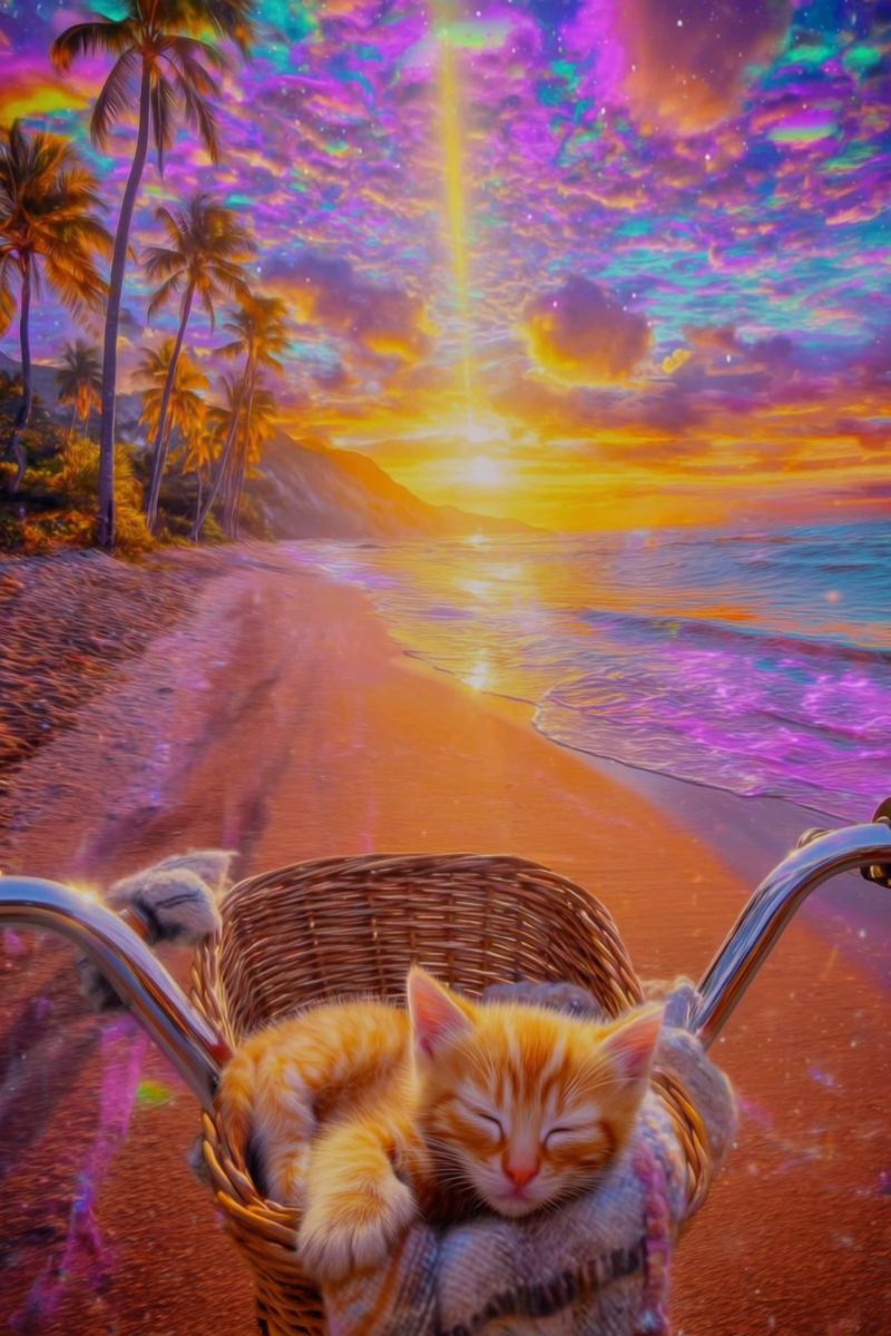 Plage chat dormant panier bicyclette coucher soleil ciel nuages arc montagnes ocean vagues sable fourrure pelucheux chaton mignon adorable relaxant Scène de plage sereine avec un vélo au premier plan. Le vélo a un panier en osier à l'avant, et à l'intérieur du panier, il y a un chaton orange endormi. Le chaton est recroquevillé, la tête reposant sur une couverture. La plage est sablonneuse, et il y a des palmiers bordant le rivage. Le ciel est un mélange vibrant de couleurs, incluant des violets, des bleus et des jaunes, suggérant un coucher ou un lever de soleil. L'eau est calme, avec de douces vagues léchant le rivage. Au loin, il y a des collines ou des montagnes, ajoutant à l'atmosphère tranquille.