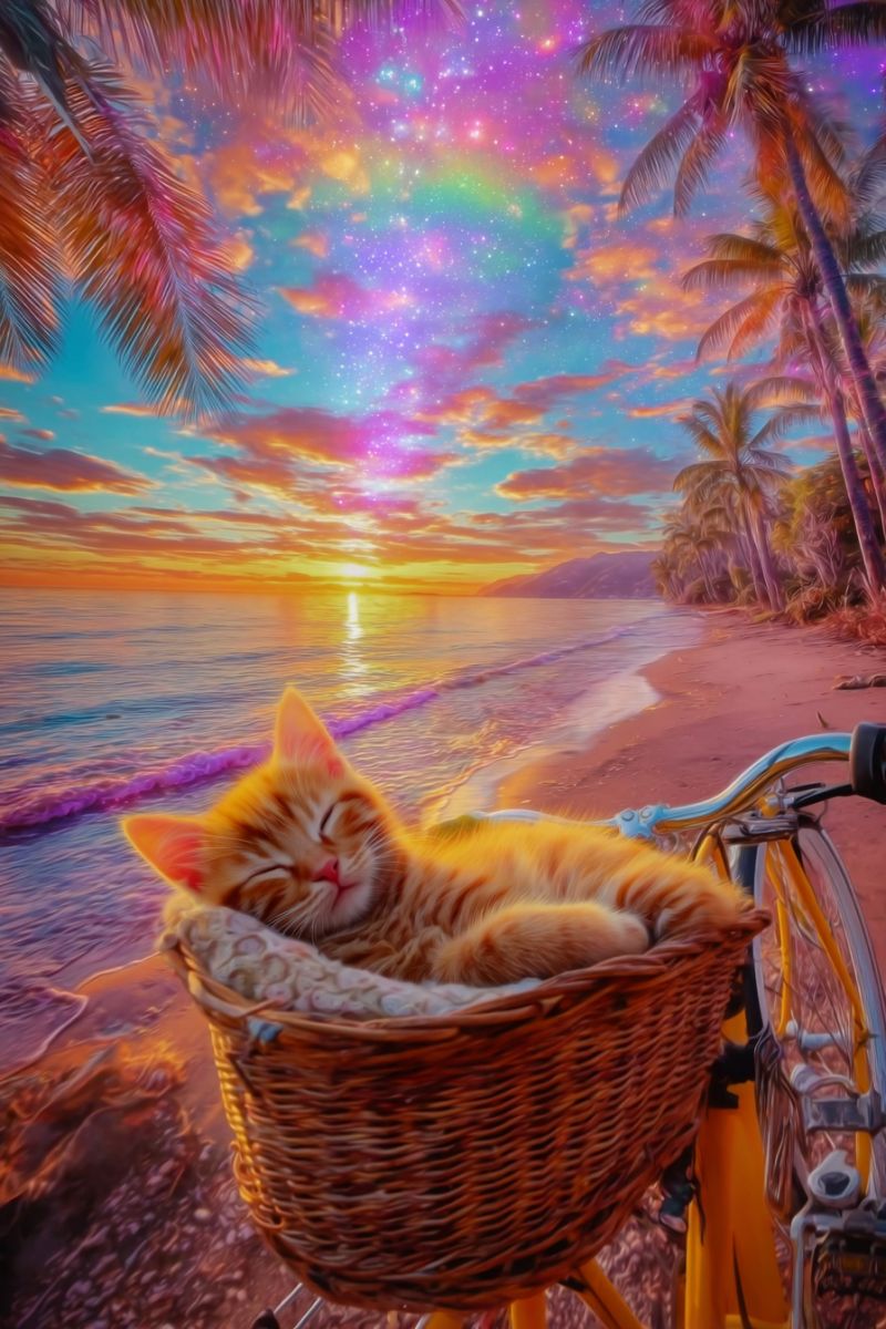 Cat sleeping basket bicycle beach sunset ocean sky rainbow mountains waves sand tropical relaxation dreamy serene peaceful nature palm trees An orange cat is sleeping peacefully in a woven basket attached to the front of a yellow bicycle. The bicycle is parked on a sandy beach with palm trees in the background. The sky is a vibrant mix of orange, pink, and purple hues, suggesting a sunset. The sea is calm, with gentle waves lapping at the shore. The scene is set against a back of mountains in the distance.