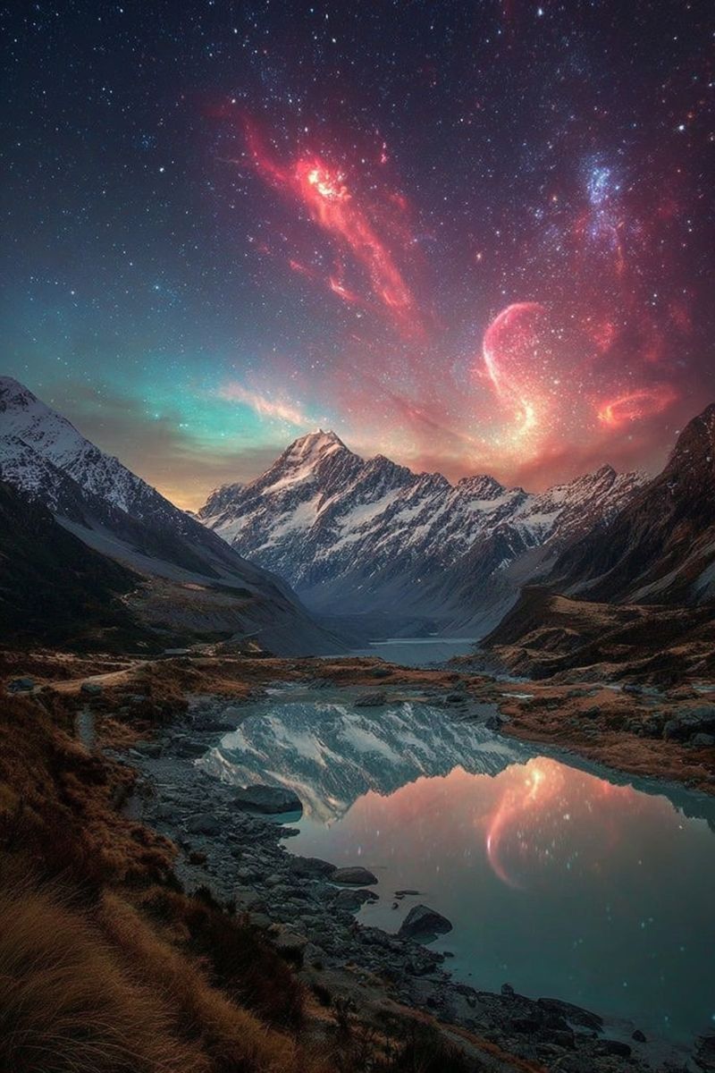 Mountains lake sky night stars reflection water rocks snow trees grass path clouds aurora nature outdoors scenery mountain range breathtaking night scene of a mountainous landscape. In the foreground, there is a serene lake with calm waters reflecting the vibrant colors of the night sky. The lake is surrounded by rocky terrain and patches of grass. The mountains in the background are snow-capped and majestic, with their peaks reaching high into the sky. The sky is a deep blue, dotted with numerous stars, and features a stunning display of auroras in shades of red, pink, and green. The auroras create a surreal and magical atmosphere, adding to the beauty of the scene.