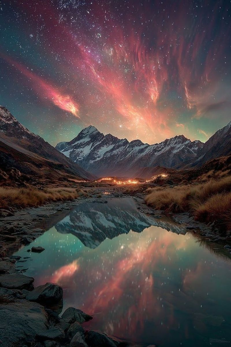 Mountains sky night stars reflection water lake rocks grass trees clouds aurora town buildings hills valley forest snow winter In the foreground, a serene body of water reflects the majestic mountain range and the vibrant night sky. The water is calm, with a few rocks scattered around its edge. The mountains are covered in snow, with their peaks reaching high into the sky. The sky is a deep blue, dotted with stars, and features a stunning display of colors, including shades of pink, purple, and green. The colors seem to dance and swirl, creating a mesmerizing effect. In the distance, a small town or village is visible, with lights twinkling in the darkness. The overall scene is one of tranquility and wonder, with the natural beauty of the mountains and the night sky creating a breathtaking landscape.