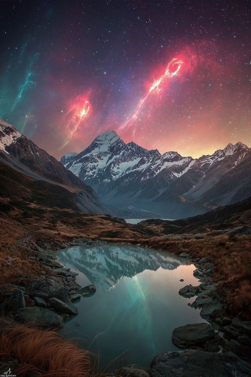Mountains lake night sky stars reflection water rocks nature outdoors snow clouds aurora galaxy universe space astronomy travel A serene mountain landscape at night features a calm lake reflecting the sky and mountains. The sky is a deep blue with a gradient of pink and red hues, suggesting a sunset or sunrise. Two large, glowing red and pink spirals float above the mountains, adding a magical touch. The mountains are covered in snow, and the foreground is rocky with patches of grass. The overall scene is peaceful and awe-inspiring.