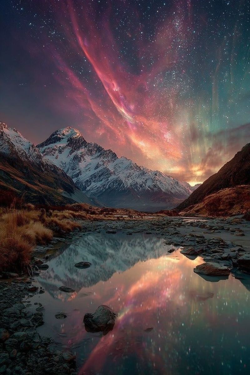Montagnes ciel nuit eau reflet lac rochers etoiles nuages aurore nature atmosphere sombre Un paysage nocturne présente une rivière avec des rochers et de l'herbe sur la gauche, reflétant le ciel. Le ciel est rempli de couleurs vives, y compris des teintes rouges, roses et vertes, suggérant la présence de l'aurore boréale. En arrière-plan, il y a des montagnes enneigées sous un ciel étoilé. La scène est sereine et pittoresque, avec le reflet de la rivière ajoutant à la beauté de la nuit.