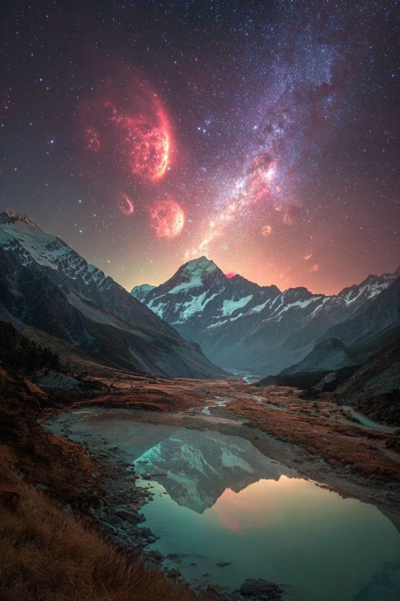 Mountains sky night lake water reflection stars clouds nature outdoors snow rocks trees hills valley horizon mist fog atmosphere breathtaking night scene featuring a vast, mountainous landscape under a star-studded sky. The Milky Way galaxy is prominently visible, stretching across the sky with its characteristic milky glow. The mountains are snow-capped and appear to be part of a mountain range, with their peaks silhouetted against the night sky. A serene lake or river is situated in the foreground, reflecting the celestial bodies above. The water is calm, and the reflections of the stars and the Milky Way are clearly visible. The sky is a deep, dark blue, and the stars are scattered throughout, creating a sense of vastness and tranquility. The overall atmosphere is one of awe and wonder, capturing the beauty of nature under the night sky.