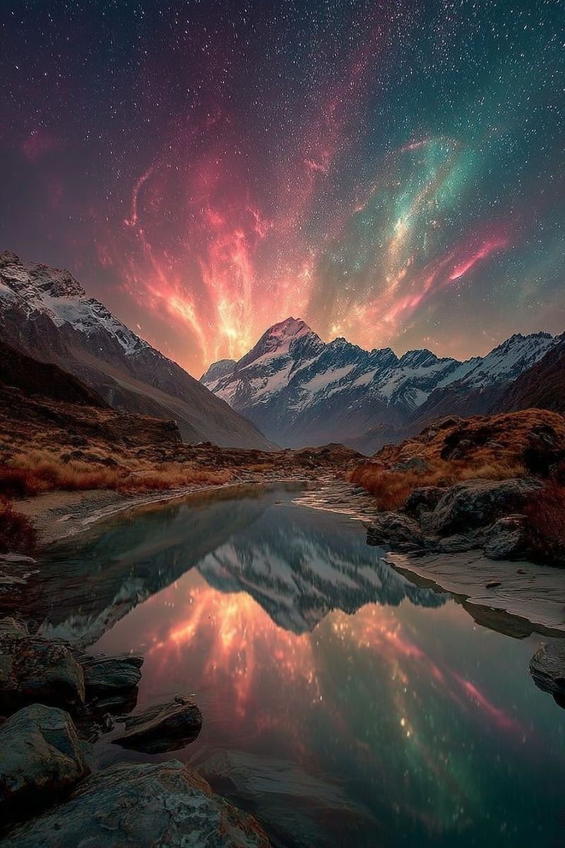 Montagnes lac ciel nuit reflet eau rochers coucher soleil nature aurore nuages etoiles arbres collines herbe neige vallee foret montagne massif L'image présente une scène nocturne à couper le souffle mettant en valeur un lac serein avec un reflet du ciel et des montagnes. Le ciel est d'un bleu profond, parsemé d'étoiles, et illuminé par une vibrante aurore boréale aux teintes rouges, vertes et violettes. Les couleurs de l'aurore dansent dans le ciel, créant un spectacle fascinant. Au premier plan, le lac est calme, reflétant le ciel et les montagnes environnantes. Les montagnes sont majestueuses, avec des pics enneigés et un terrain accidenté. La scène se déroule dans un environnement naturel isolé, où la tranquillité de la nuit et la beauté de l'aurore créent une atmosphère magique.
