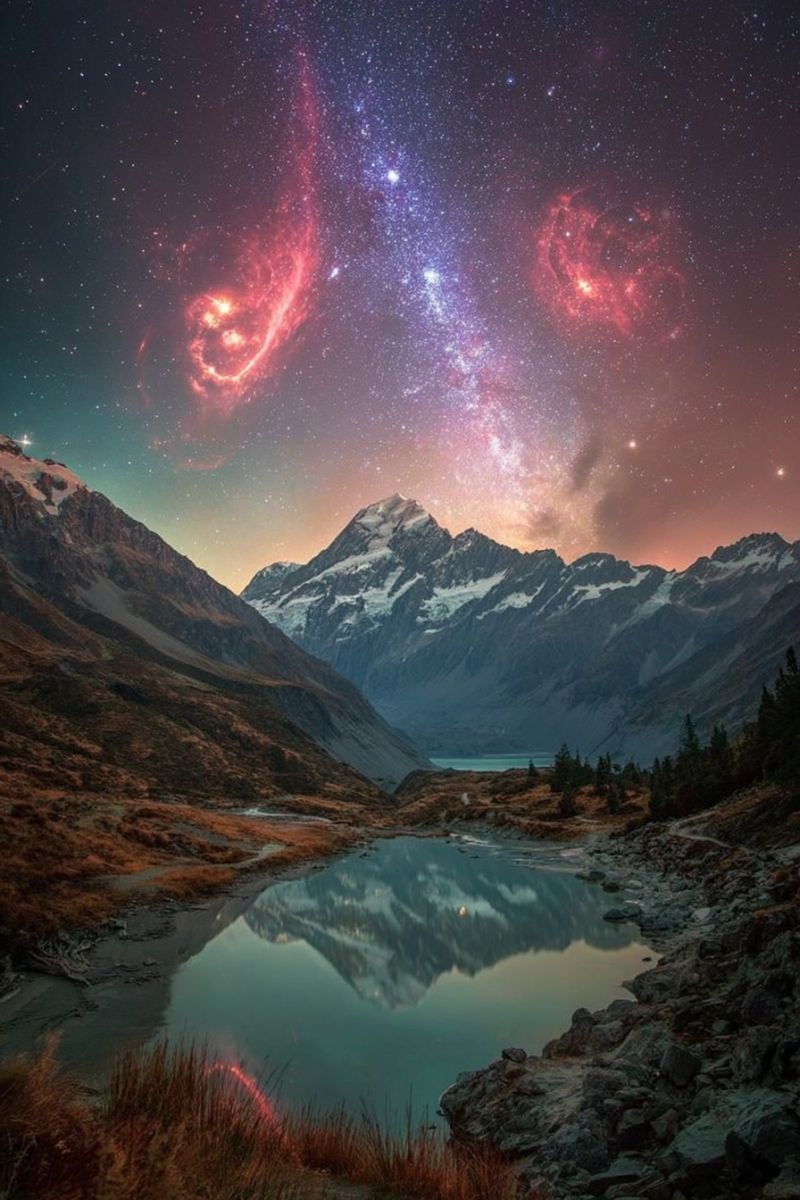 Mountains lake sky night stars reflection water nature outdoors rocks trees snow clouds galaxy universe astronomy travel adventure The image showcases a breathtaking night sky over a mountainous landscape. The sky is a deep, dark blue, dotted with countless stars, and features two prominent spiral galaxies, one on the left and one on the right, glowing with vibrant reds and yellows. The Milky Way stretches across the sky, adding to the celestial beauty. Below, a serene lake reflects the stars and galaxies, mirroring the sky's colors. The mountains are rugged and snow-capped, with their peaks reaching into the starry expanse. The foreground is a mix of rocky terrain and sparse vegetation, adding to the rugged, untouched beauty of the scene.