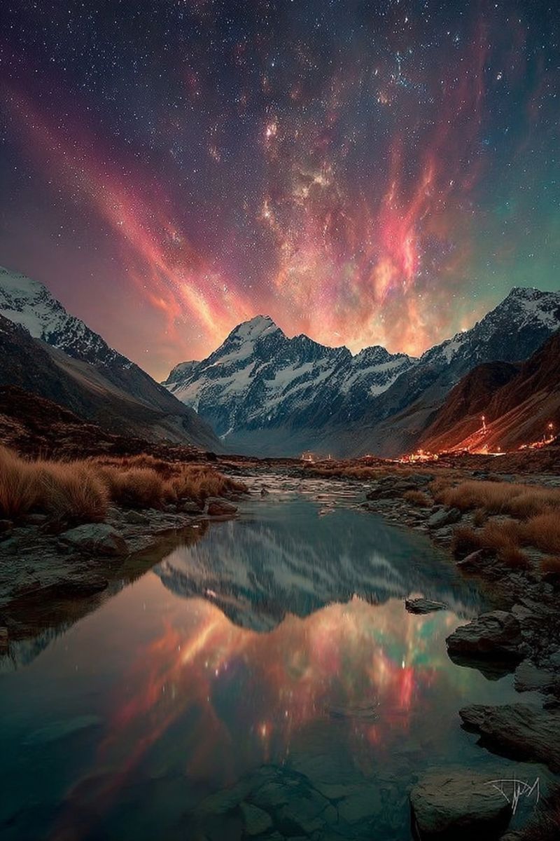 Montagnes nuit ciel etoiles reflet eau lac rochers herbe arbres nature air voyage aventure Scène de nuit à couper le souffle dans une région montagneuse. Le ciel est d'un bleu profond et sombre, rempli d'innombrables étoiles, et la galaxie de la Voie lactée est visible de manière proéminente, s'étendant à travers le ciel avec son éclat laiteux caractéristique. Le ciel présente également de vibrantes bandes lumineuses colorées, peut-être des aurores, dans des nuances de rouge, rose et vert. L'avant-plan montre une rivière sereine avec une eau calme et réfléchissante, reflétant les couleurs du ciel. Un terrain rocheux et des taches d'herbe entourent la rivière, et au loin, il y a des montagnes enneigées sous le ciel étoilé. La scène est paisible et majestueuse, avec un sentiment de tranquillité et d'émerveillement.