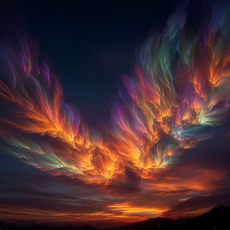 Ciel nuages coucher soleil nuit atmosphere horizon montagnes feu chaleur luminosite eclat reflet Scène de ciel dramatique et vibrant au coucher ou au lever du soleil. Le ciel est rempli d'une grande formation nuageuse en forme de plume qui s'étend sur toute l'image. Le nuage est principalement orange et jaune à la base, passant à des teintes plus claires de rose, violet et vert à mesure qu'il s'élève. Les couleurs se mélangent harmonieusement, créant un effet de dégradé qui donne au nuage une apparence surréaliste, presque irréelle. Le ciel de fond est d'un bleu profond, contrastant avec le nuage aux multiples couleurs. Sous le nuage, le ciel s'assombrit progressivement, passant à un dégradé de teintes orange et roses. Dans la partie inférieure de l'image, il y a des silhouettes de montagnes et d'un paysage urbain, avec des lumières commençant à scintiller, suggérant le début de la soirée.