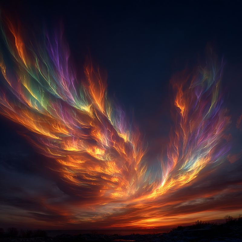 Ciel nuages coucher soleil nuit atmosphere horizon nature feu chaleur luminosite eclat reflet eau Un coucher ou lever de soleil époustouflant rempli de nuages tourbillonnants et vibrants. Les nuages sont principalement orange, jaunes et roses, avec des touches de violet et de vert, créant un effet fascinant et presque surréaliste. Les couleurs se mélangent harmonieusement, formant des motifs complexes qui ressemblent à des plumes ou des vagues. Le ciel passe du bleu profond en haut aux teintes plus claires en bas, où le soleil ou la lune se couche, projetant une lueur chaude sur la scène. L'horizon est visible, avec une silhouette de terre ou de mer, ajoutant de la profondeur à l'image. L'atmosphère générale est magique et irréelle, évoquant un sentiment d'émerveillement et d'admiration.