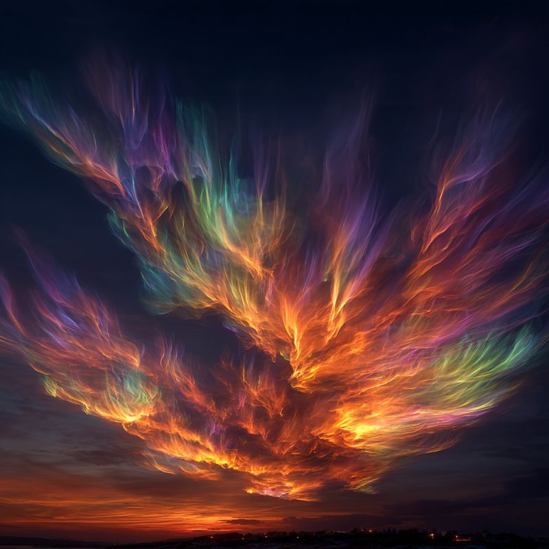 Sky clouds sunset night atmosphere horizon reflection painting creativity beauty nature imagination vibrant, swirling cloud formation in the night sky. The cloud is predominantly orange and yellow at the base, transitioning into shades of purple, blue, and green as it rises. The colors blend seamlessly, creating a dynamic and almost ethereal effect. The cloud appears to be in motion, with wispy tendrils extending outwards, giving it a feather-like appearance. The sky is dark, enhancing the vivid colors of the cloud. In the background, there are faint outlines of buildings and trees, suggesting a cityscape or a town. The overall scene is surreal and captivating, with the cloud dominating the sky.