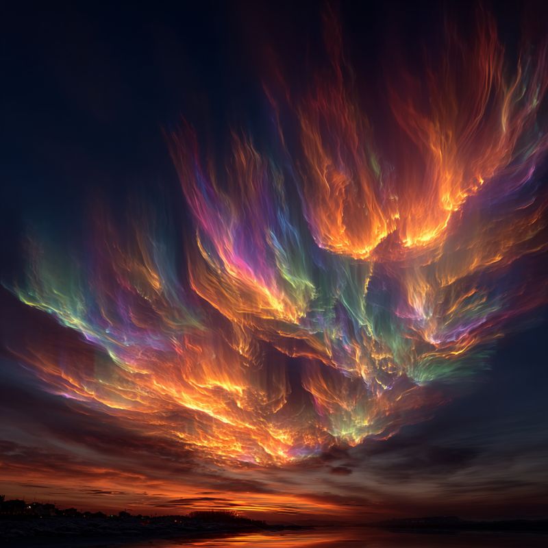 Ciel nuages coucher soleil reflet eau horizon nuit atmosphere nature beaute chaleur calme tranquille Un ciel dramatique et vibrant rempli de nuages tourbillonnants qui semblent en feu. Les nuages sont principalement orange et jaunes, avec des traînées de rouge et de violet, créant un effet ardent et intense. Les couleurs sont vives et semblent se fondre harmonieusement, donnant l'impression d'une scène surréaliste et d'un autre monde. Le ciel est sombre, accentuant le contraste et faisant ressortir les nuages. Sous les nuages, il y a la silhouette d'un paysage, peut-être une ville ou un village, avec des lumières visibles au loin. L'ambiance générale de l'image est à la fois impressionnante et légèrement inquiétante, comme si le ciel était vivant d'énergie.
