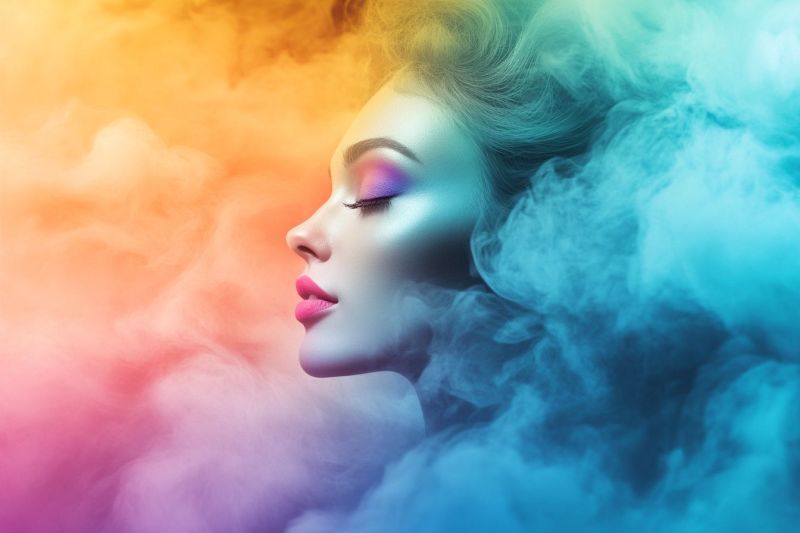 Femme visage fumee cosmique evaporation airbrushing maquillage futuriste Répresentation artistique stylisée d'un visage humain avec du fumée et de la brume colorés vivants et multicolores autour de lui. La personne semble être féminine avec des maquillages sur les yeux qui ajoutent un effet dramatique. Le fond est principalement bleu et présente de la fumée ou des particules de couleurs telles que le pourpre, le rose et l'orange, créant un effet atmosphérique. Il n'y a aucun texte visible dans l'image.