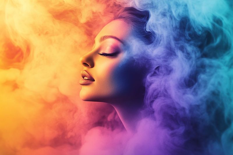 Femmes nuages representant eclat dent venerable beaute cosmetique Individu réel. Le fumée est teintée de diverses nuances, ce qui donne l'impression que le fond est coloré, allant du violet au rose et au bleu. La lumière est douce, avec des tons chauds émanant de la fumée, ce qui met en valeur la texture et le mouvement de la vapeur. L'expression du personnage est calme et il a des cheveux longs qui se fondent dans le décor coloré. Cela semble être une oeuvre créative destinée à évoquer un sentiment de mystère ou d'atmosphère autremondiale.