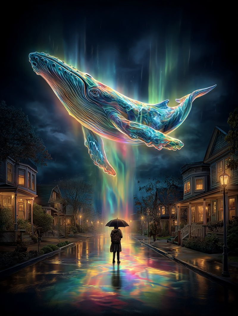 Baleine nuit ville pluie parapluie rue maison automne feuilles arbres feuillage humeur atmosphere vibrations magie beaute Une personne se tient dans une rue mouillée sous un parapluie, avec une grande baleine colorée flottant au-dessus d'elle. Le corps de la baleine brille de couleurs vives, projetant un reflet semblable à un arc-en-ciel sur le trottoir mouillé. Le ciel est sombre et nuageux, avec des touches de lumières vertes et bleues, peut-être des aurores boréales. De chaque côté de la rue, il y a des maisons aux fenêtres éclairées, et des réverbères bordent le trottoir. La scène se déroule dans un quartier calme, possiblement suburbain.