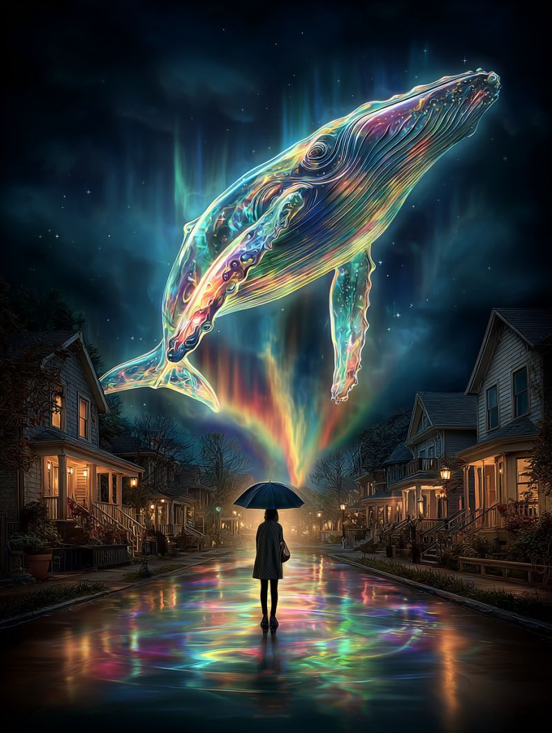 Ville concept reve fantaisie fictif eclat lumineux maison imagination nuit pluie reflet rue Une personne se tient dans une rue humide sous un parapluie coloré, avec une grande baleine lumineuse qui plane au-dessus d'elle. Le corps de la baleine est irisé, affichant un spectre de couleurs allant du bleu au rose. La rue est éclairée par la lumière de la baleine, projetant des reflets vibrants sur le pavé humide. De chaque côté de la rue, il y a des maisons aux fenêtres éclairées, et le ciel au-dessus est sombre et nuageux, avec des indices d'aurore boréale visibles.