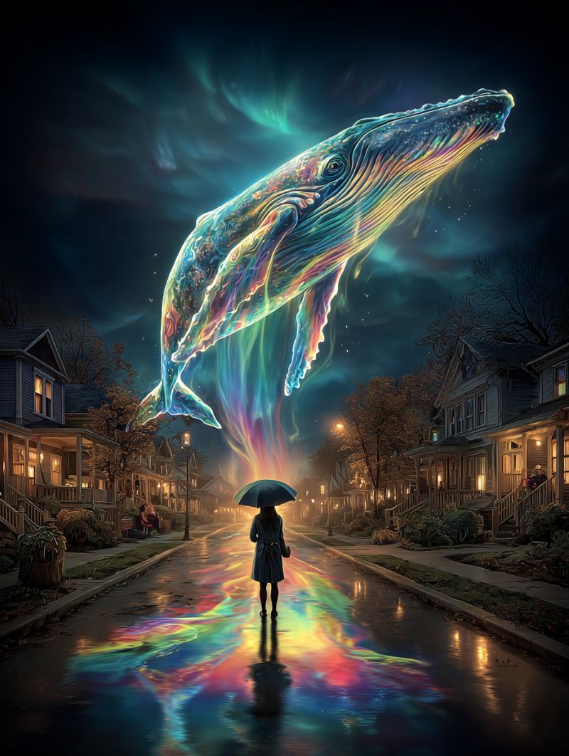 Woman umbrella street house night rainbow whale fantasy painting surrealism colorful reflection wet road architecture A woman stands in a wet street, holding an umbrella, with a large, colorful whale floating above her. The whale is vibrant, with shades of blue, green, and yellow, and appears to be leaping out of the water. The street is illuminated by streetlights, and the buildings on either side have lit windows. The sky is dark, with hints of green and blue, possibly indicating the presence of the aurora borealis. The scene is set in a quiet, residential neighborhood.