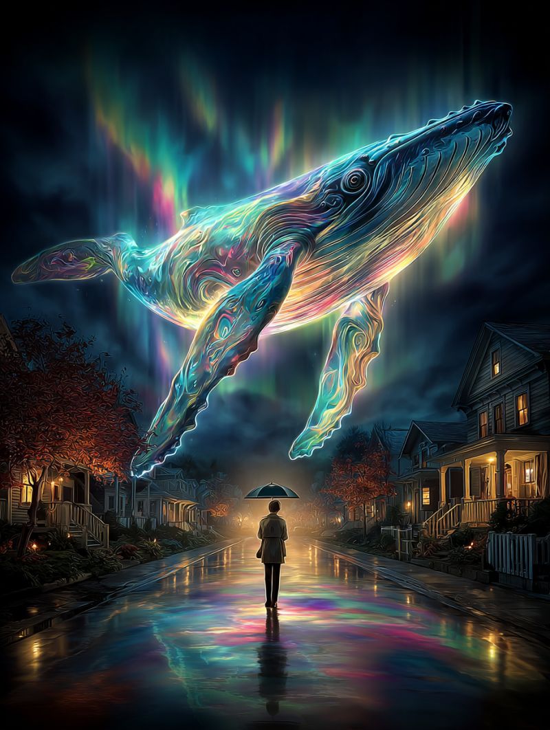 Whale night city umbrella house street autumn leaves trees foliage season scenery mood vibes beauty magic wonder A person stands in a wet street under a colorful umbrella, with a large, glowing whale floating above them. The whale's body is a mix of blue, yellow, and pink colors, and it seems to be in a leaping motion. The street is lined with houses, some of which have lights on. The sky is dark, and there are hints of aurora borealis in the background. The reflection of the whale and the lights from the houses create a vibrant, almost magical atmosphere on the wet street.