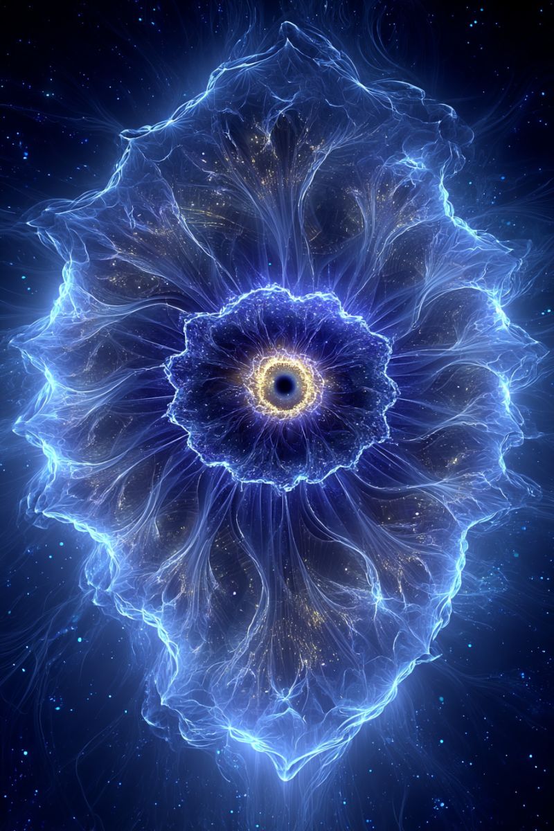 Blue bright circle design flower fractal geometric glow glowing pattern space star texture large, intricate, and abstract design resembling a flower or a mandala. The design is predominantly blue, with a central, circular core that is darker blue and contains a black dot in the middle. Surrounding this core are multiple layers of delicate, wavy, and translucent petals that radiate outwards, creating a sense of depth and movement. The petals are adorned with tiny, sparkling dots that add a touch of light and texture. The background is a deep, dark blue, dotted with small, faint stars, enhancing the mystical and ethereal atmosphere of the image.