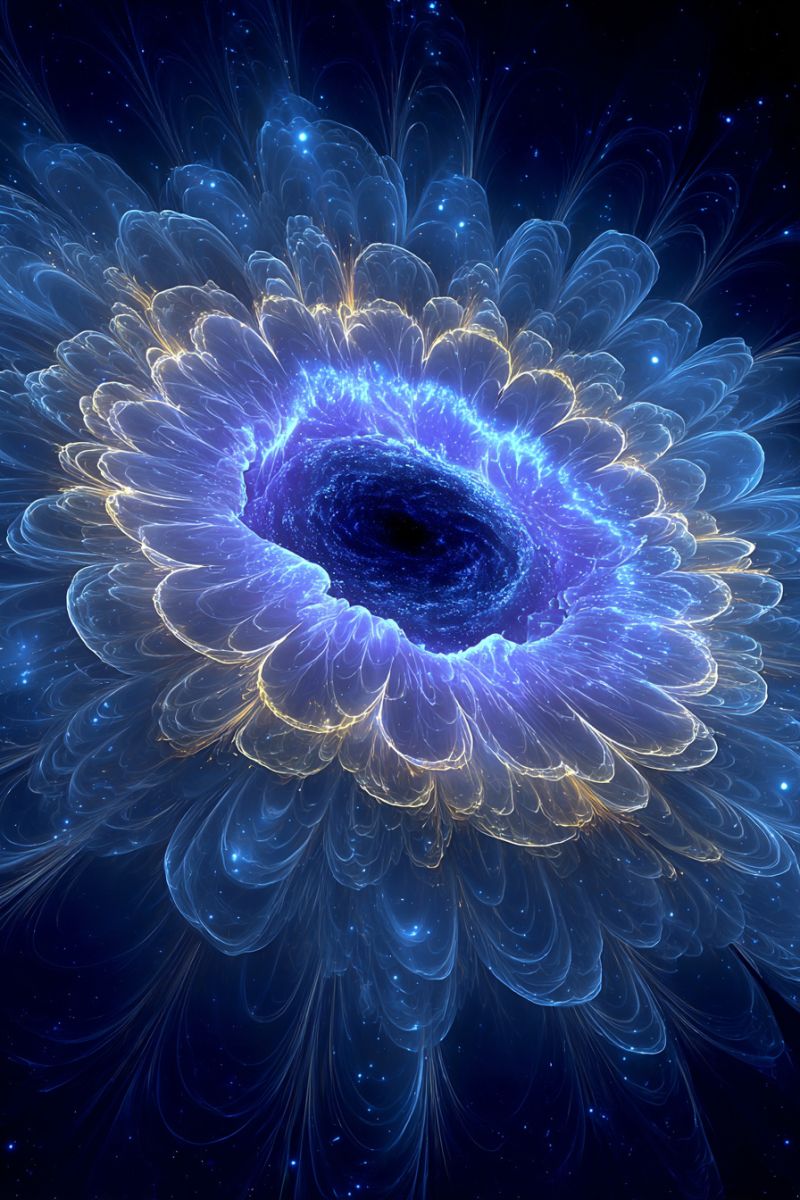 Blue bright colorful design flower fractal galaxy glow glowing pattern space star A large, intricate flower-like structure dominates the image, with petals that spiral outward in a mesmerizing pattern. The petals are a mix of light blue and white, with some areas glowing softly. The center of the flower is a deep blue, swirling with a galaxy-like effect, giving the impression of a cosmic vortex. The background is a dark blue, dotted with tiny, sparkling stars that add to the ethereal quality of the image. The overall effect is both surreal and captivating, as if the flower is a portal to another dimension.
