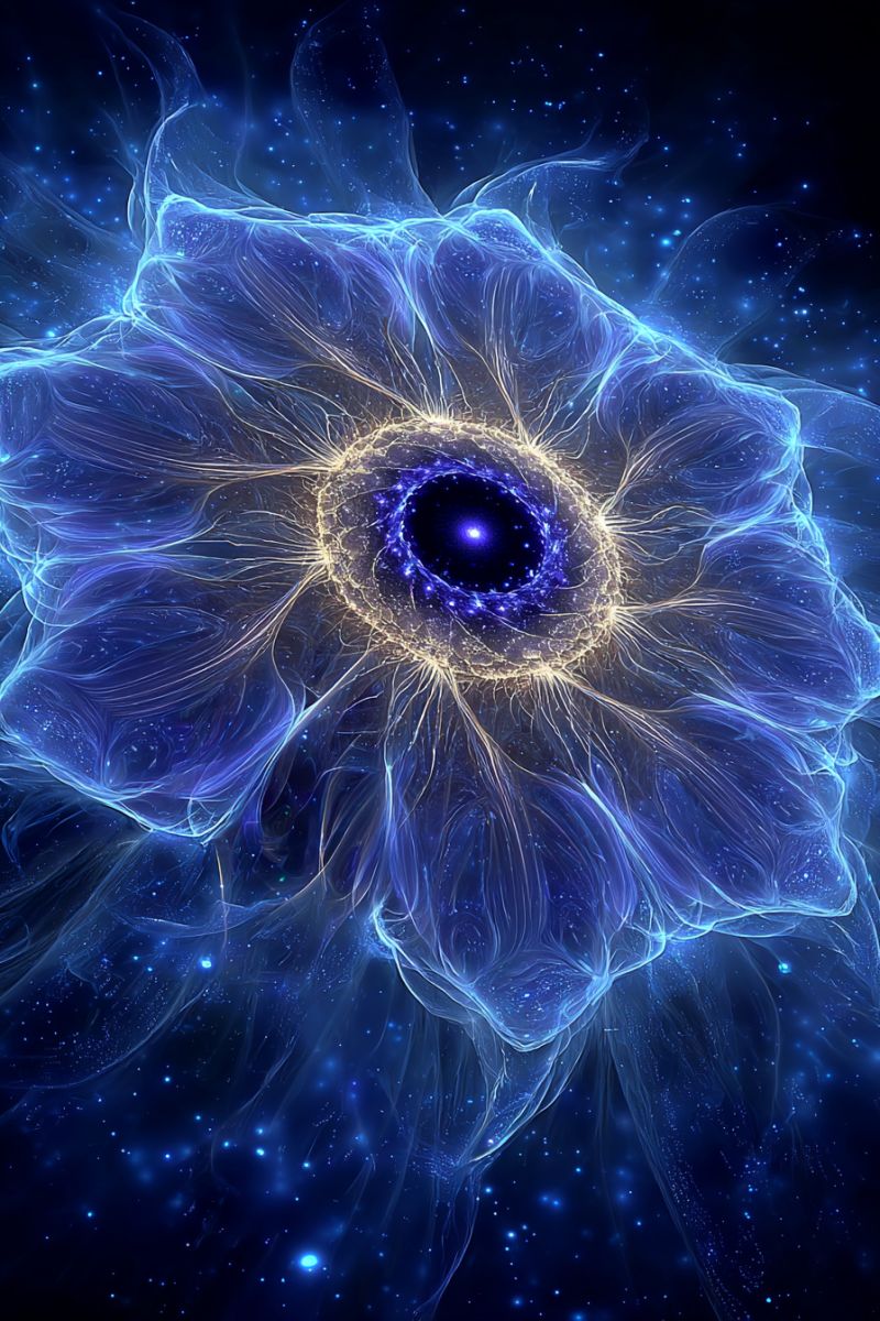 Blue bright circle colorful cosmos design flower fractal galaxy glow nebula pattern space star large, intricate flower-like structure with a dark blue center, surrounded by layers of delicate, translucent petals that radiate outward. The petals are intricately detailed, with a shimmering, almost ethereal quality, giving the impression of movement. The background is a deep, dark blue, dotted with tiny, glowing points of light that resemble stars. The overall effect is otherworldly and mesmerizing, with a sense of depth and complexity.