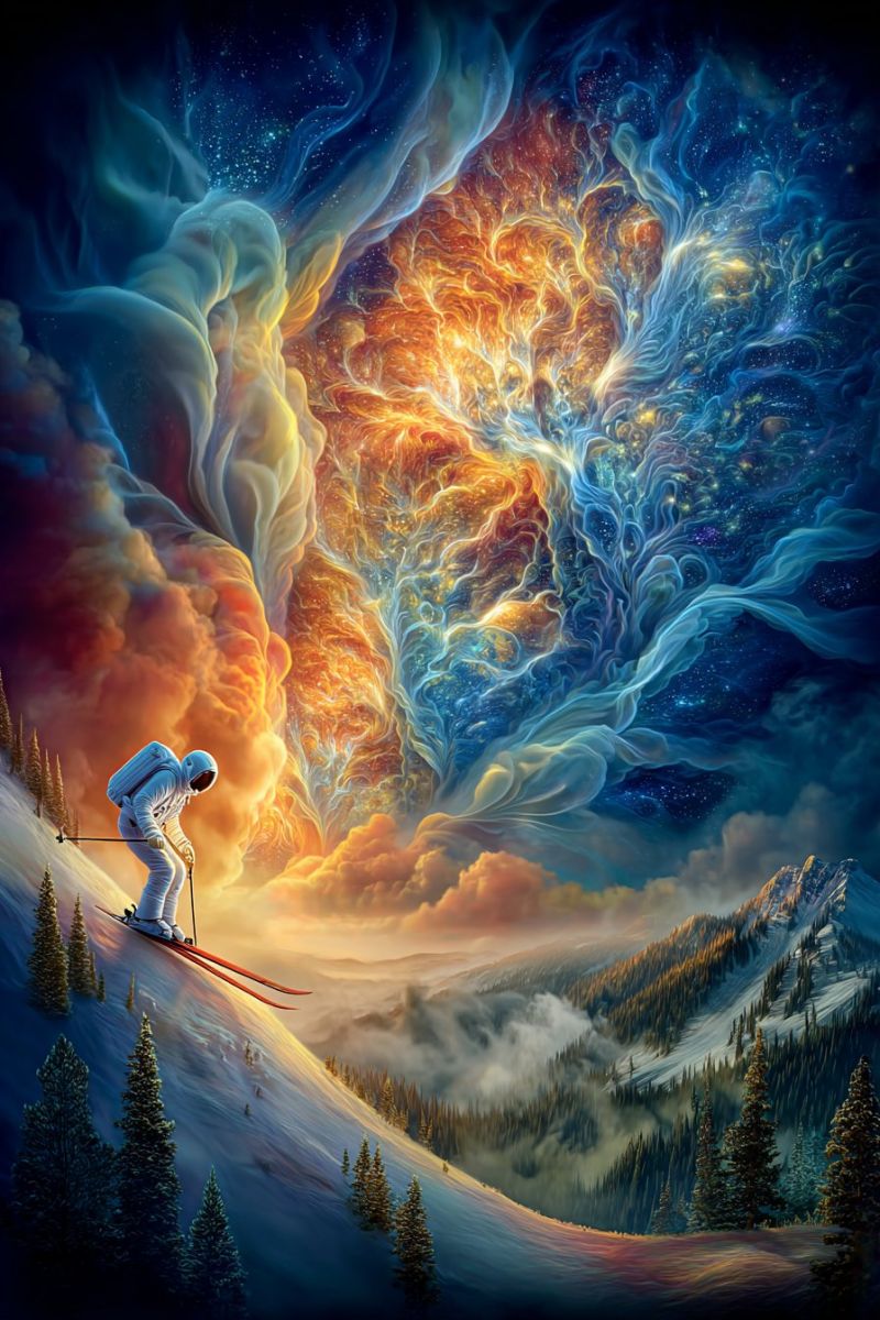 Sky mountain snow A skier dressed in a spacesuit glides down a snowy mountain slope under a surreal sky. The sky is a vivid mix of blue, orange, and yellow, resembling a cosmic nebula with swirling patterns. The skier is holding ski poles and appears to be in mid-motion, with their shadow cast on the snow. The background features a dramatic, fiery cloud formation that contrasts with the cooler blue and white tones of the sky. The mountain is covered in snow, with pine trees dotting the landscape. The overall scene combines elements of space and nature, creating a fantastical and otherworldly atmosphere.