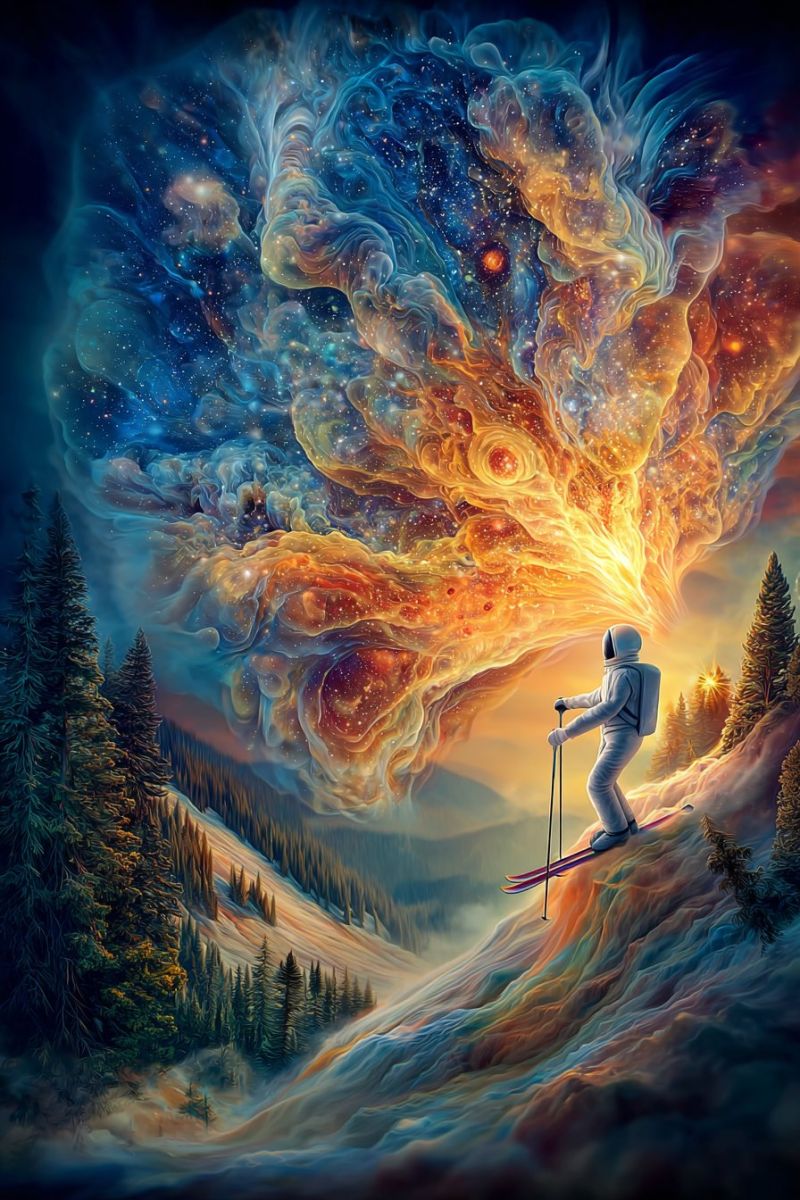Space astronaut skiing mountain snow sky night stars galaxy universe cosmic exploration adventure winter imagination fantasy outer An astronaut stands on a snowy mountain slope, holding ski poles, wearing a white spacesuit and helmet. Behind them, a vibrant, swirling galaxy of blues, oranges, and yellows dominates the sky, with stars scattered throughout. The scene is set against a back of pine trees and distant mountains, with a soft, glowing light in the distance.