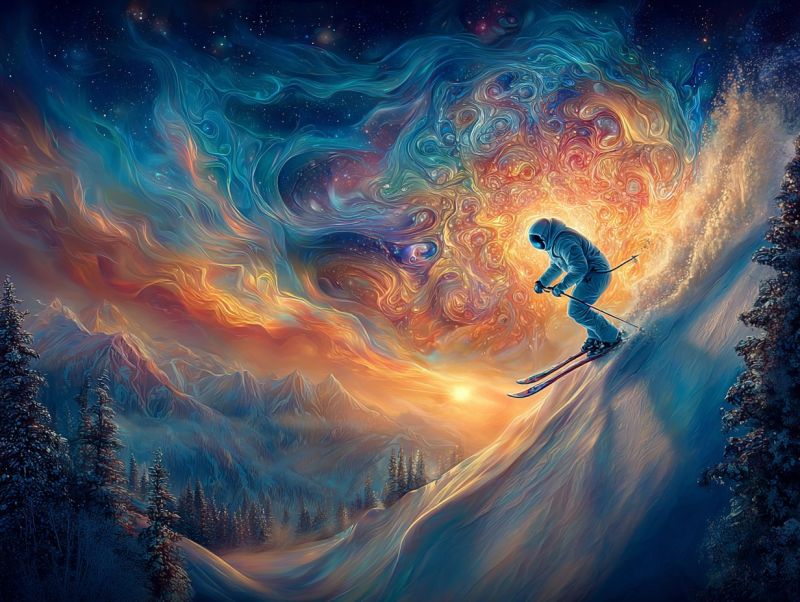 Skier skiing mountain snow sky night snowy winter snowboarder snowboard In the foreground, a skier glides down a snowy mountain slope, their skis cutting through the snow. The skier is dressed in a blue and white ski suit, with a helmet covering their head. The background is a vibrant, swirling galaxy of colors, with shades of blue, orange, and yellow blending together in a mesmerizing pattern. The sky above is a deep blue, dotted with stars, and the sun is setting on the horizon, casting a warm glow over the scene. The mountains in the background are covered in snow, with pine trees dotting the landscape. The overall effect is one of movement and energy, with the skier's motion contrasting with the stillness of the galaxy and the mountains.