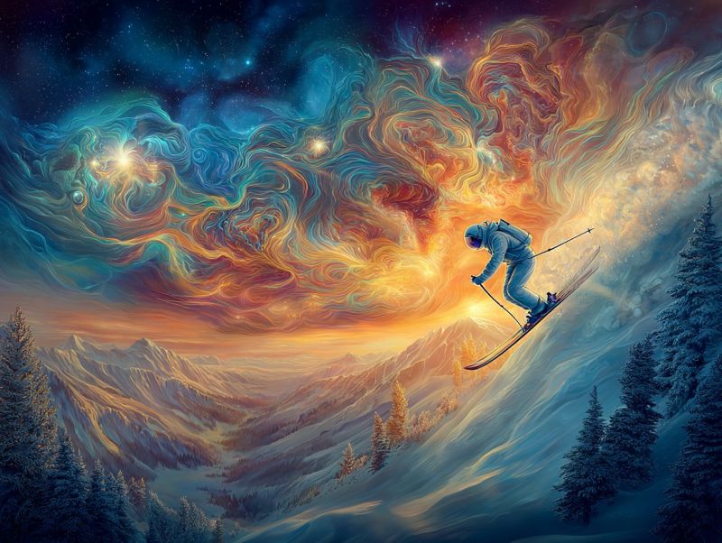 Sky snow mountain ski skiing skier snowboard snowboarding snowy winter night space universe galaxy star cloud tree pine forest In the foreground, a skier glides down a snowy mountain slope, dressed in a spacesuit and holding ski poles. The skier's shadow is cast on the snow, and they are surrounded by pine trees dusted with snow. The sky above is a vibrant mix of orange, yellow, and blue hues, resembling a sunset or sunrise. The background features a swirling, abstract pattern that transitions from dark blue to bright yellow, with stars scattered throughout. The overall scene combines elements of skiing, space exploration, and a dynamic, colorful sky.