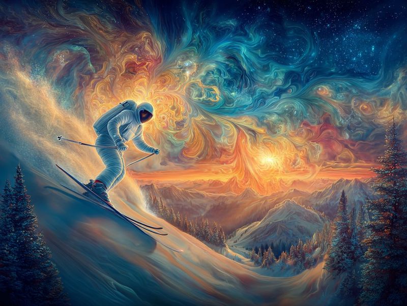 Ski montagne neige ciel coucher soleil astronaute aventure exploration cosmique galaxie nebuleuse etoile univers combinaison spatiale casque gants Au premier plan, un skieur vêtu d'une combinaison spatiale glisse sur une pente enneigée. Le casque du skieur est visible, et il tient des bâtons de ski dans les deux mains. L'arrière-plan présente une galaxie vibrante et tourbillonnante aux teintes de bleu, orange et jaune, créant une atmosphère cosmique et surréaliste. Le ciel passe de la galaxie à un coucher de soleil aux tons chauds et dorés. La chaîne de montagnes est couverte de neige et parsemée de pins, ajoutant à ce paysage serein et irréel.