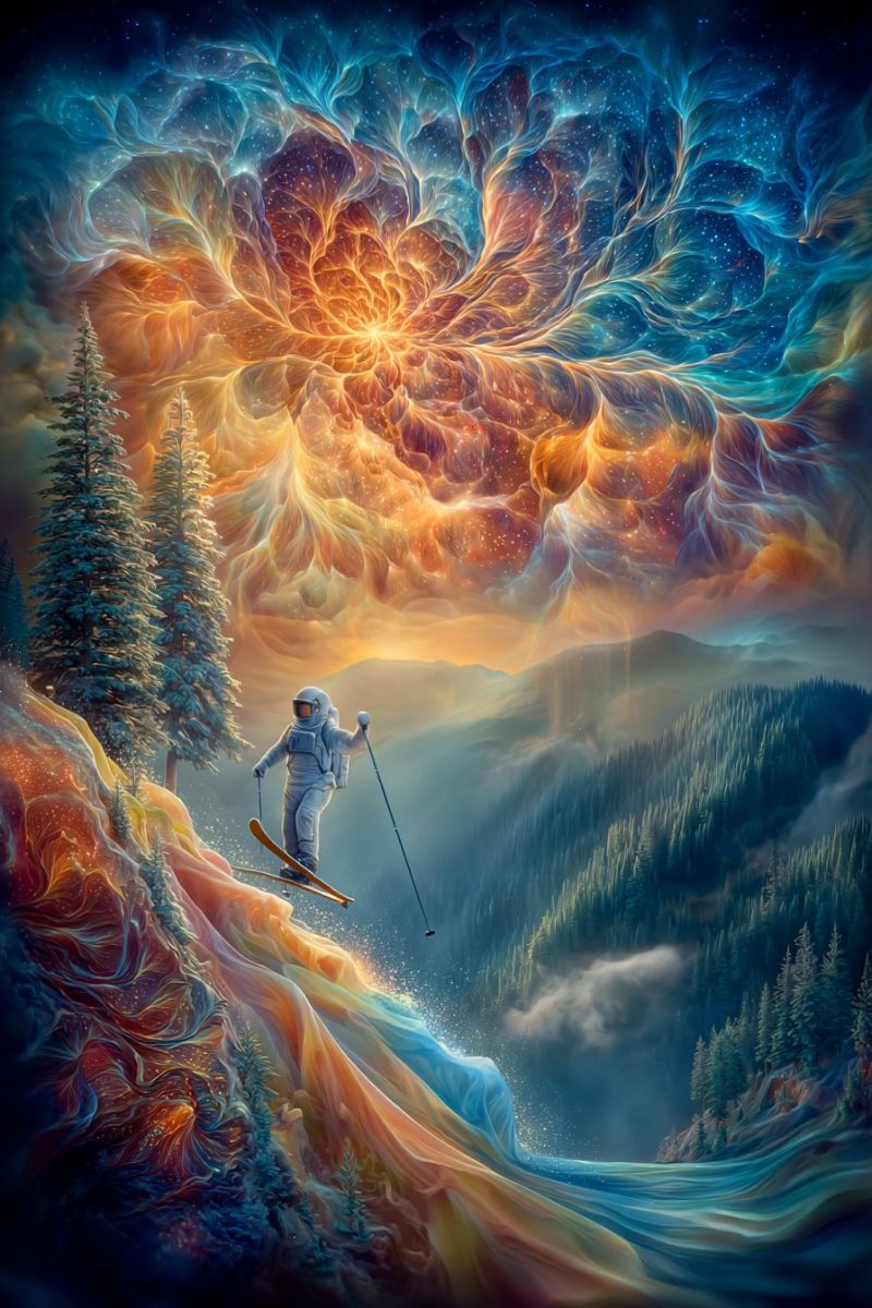 Space sky mountain In the foreground, a skier dressed in a white spacesuit glides down a snowy mountain slope, holding ski poles. The skier's shadow is cast on the snow, and the skis leave a trail of snow behind. The background features a surreal, abstract landscape with a large, glowing, multicolored sphere that resembles a nebula or a cosmic explosion. The sphere is surrounded by swirling, fractal-like patterns in shades of blue, orange, and yellow. The sky above is dark, with stars faintly visible. The mountain range in the background is covered in snow and pine trees, with the scene blending into a dreamlike, otherworldly atmosphere.