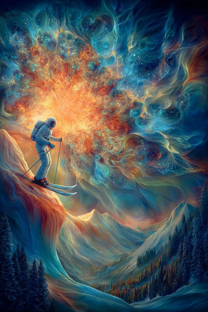Astronaute ski montagne ciel univers cosmos galaxie etoile exploration aventure combinaison spatiale neige imagination fantaisie espace Au premier plan, un skieur vêtu d'une combinaison spatiale blanche glisse sur un flanc de montagne, tenant des bâtons de ski. L'ombre du skieur est projetée sur la neige, indiquant la présence de soleil. L'arrière-plan présente un paysage surréaliste et abstrait avec des couleurs vives de bleu, orange et jaune, ressemblant à un motif cosmique ou nébuleux. Le ciel est rempli de formes fluides et tourbillonnantes qui imitent le mouvement d'une nébuleuse. Sous le skieur, les pentes de la montagne sont couvertes de neige, avec des pins parsemant le paysage. La scène globale combine des éléments d'exploration spatiale avec un environnement fantastique et irréel.