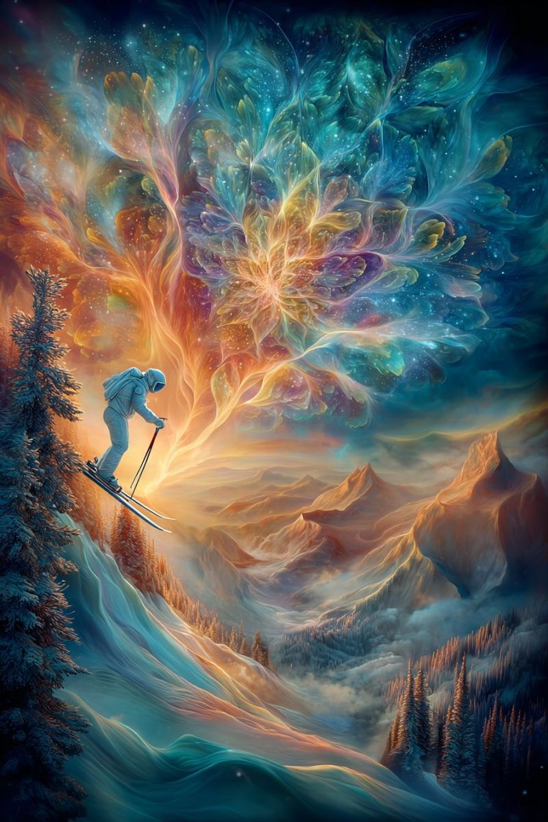 Skier skiing mountain sky snow tree In the foreground, a skier glides down a snowy mountain slope, wearing a white ski suit and helmet. They hold ski poles and are surrounded by a vibrant, abstract background. The background features a large, colorful tree with leaves that resemble flames, blending into a cosmic sky filled with stars and nebulae. The sky transitions from deep blues and purples to warm oranges and yellows, creating a surreal and dreamlike atmosphere. The mountain range in the background is covered in snow and dotted with pine trees, adding to the wintery landscape.