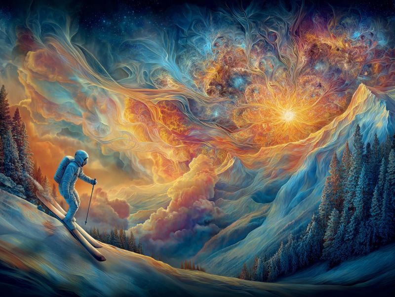 Montagne ciel neige gratte ciels Au premier plan, un skieur vêtu d'une combinaison spatiale blanche glisse sur une pente montagneuse enneigée. Le skieur tient des bâtons de ski et porte un casque. Le ciel au-dessus est un mélange vibrant de teintes orange, jaune et bleu, ressemblant à un coucher ou lever de soleil avec des nuages tourbillonnants. L'arrière-plan présente une majestueuse chaîne de montagnes avec des pics enneigés, et les arbres sont dénudés, indiquant l'hiver. La scène globale est surréaliste, avec un sentiment de mouvement et d'énergie, comme si le skieur évoluait dans un paysage fantastique.