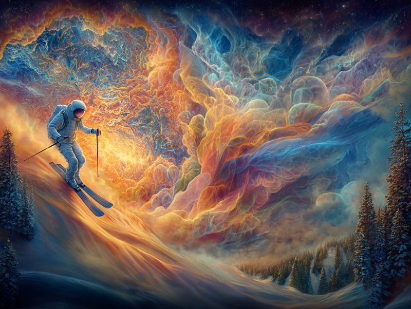 Espace ciel gratte ciels batiment nuit ville monde Au premier plan, un skieur vêtu d'une combinaison spatiale glisse sur une pente enneigée, tenant des bâtons de ski. L'ombre du skieur est projetée sur la neige, et les skis sont légèrement écartés. L'arrière-plan est un mélange surréaliste de nuages tourbillonnants et de couleurs vives, ressemblant à une nébuleuse cosmique. Le ciel au-dessus est un mélange de bleus profonds, de violets et d'oranges ardents, avec des touches de blanc et de jaune. Le paysage est entouré de grands arbres enneigés, ajoutant à l'atmosphère hivernale. La scène globale combine des éléments de l'espace et de l'hiver, créant une ambiance fantastique et irréelle.