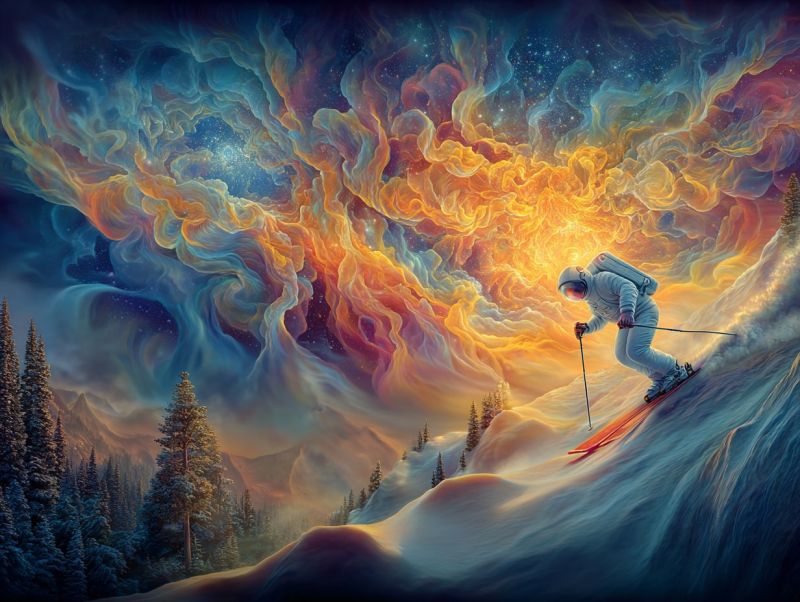Space sky mountain snow In the foreground, a skier glides down a snowy mountain slope, dressed in a white ski suit and helmet, holding ski poles. The skier's shadow is cast on the snow, and the skis are slightly apart. The background features a surreal, abstract sky filled with swirling colors of blue, orange, and yellow, resembling a cosmic or dreamlike scene. The sky appears to be a mix of nebula and aurora borealis, with stars scattered throughout. The mountain is covered in snow, and there are pine trees dotting the landscape. The overall atmosphere is mystical and otherworldly.