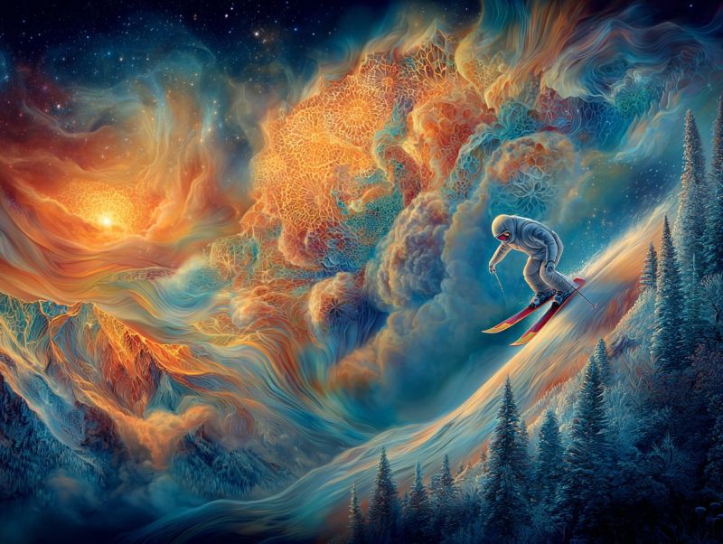 Skier skiing mountain snow sky clouds night stars winter adventure outdoors sport extreme travel exploration nature In the foreground, a skier glides down a snowy mountain slope, their skis cutting through the snow. The skier is dressed in a full-body suit, with a helmet covering their head. The background is a surreal blend of colors, with swirling patterns of orange, blue, and white that resemble clouds or smoke. The sky above is a deep blue, dotted with stars, and there is a hint of a setting sun or a distant light source. The mountain is covered in snow, and there are tall, slender trees with snow-covered branches lining the slope. The overall scene has a dreamlike, almost otherworldly quality.