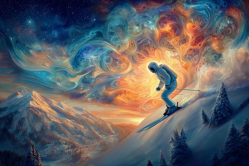 Neige montagne ciel gratte ciels Au premier plan, un skieur glisse sur une pente enneigée, son casque reflétant les couleurs vives du ciel. Le skieur est vêtu d'un costume de ski blanc et bleu, tenant des bâtons de ski, et semble être en plein vol, capturant l'excitation du ski. Le ciel au-dessus est un mélange fascinant de bleus, oranges et jaunes tourbillonnants, ressemblant à une nébuleuse cosmique. L'arrière-plan présente une majestueuse chaîne de montagnes, avec des arbres enneigés et un village lointain niché entre les pics. La scène se déroule sur fond de nuit étoilée, ajoutant à l'atmosphère surréaliste et fantastique.