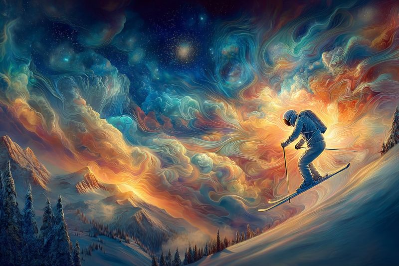 Snow sky mountain snowboarder snowboarding snowy mountains In the foreground, a skier glides down a snowy mountain slope, dressed in a white ski suit and helmet, holding ski poles. The sky above is a vibrant mix of orange, yellow, and blue hues, swirling like a cosmic painting. The scene is set against a back of snow-covered pine trees and distant mountains, with a surreal, dreamlike quality to the sky, reminiscent of a nebula or galaxy.