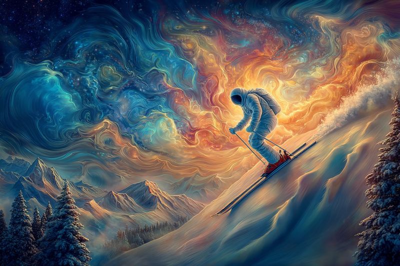 Space sky mountain snow skyscraper skyscrapers An astronaut skiing down a snowy mountain slope, wearing a white spacesuit and helmet. The sky above is a vibrant mix of blue, orange, and yellow, resembling a cosmic scene with swirling patterns. The mountain range in the background is covered in snow, with pine trees dotting the landscape. The astronaut holds ski poles and appears to be in motion, with a sense of speed and adventure.