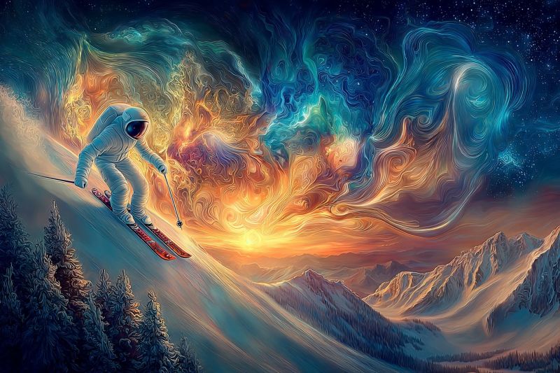 Space skiing mountain snow sky sunset spacesuit ski skyscraper skyline skydiving In the foreground, a skier dressed in a white spacesuit glides down a snowy mountain slope. The skier holds ski poles and appears to be in mid-air, suggesting a dynamic and fast-paced descent. The background features a surreal, abstract sky filled with swirling colors of blue, orange, and yellow, resembling a cosmic or nebula-like pattern. The sky transitions into a more realistic sunset with warm hues of orange and pink, blending into the darker blue of the night sky. The mountain range in the background is covered in snow, with pine trees dotting the landscape. The overall scene combines elements of space and nature, creating a fantastical and imaginative atmosphere.