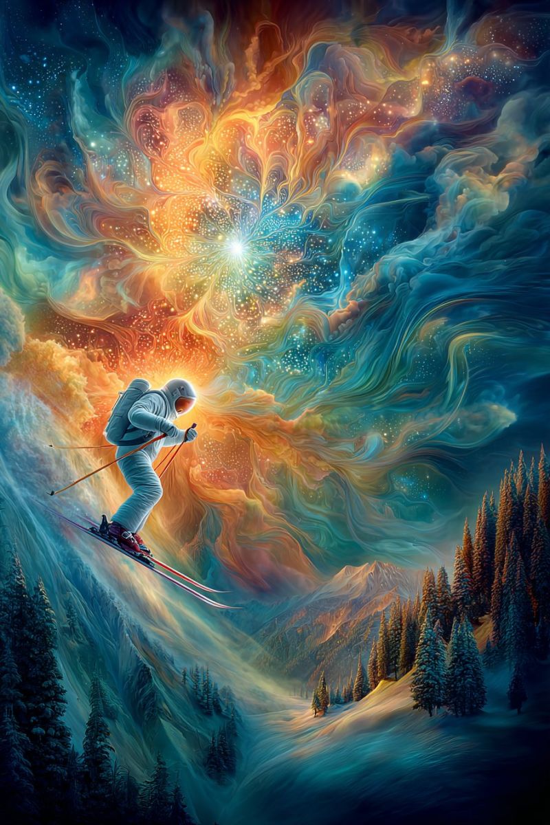 Sky snow mountain A skier in a spacesuit glides down a snowy mountain slope under a vibrant, swirling sky filled with colors of blue, orange, and yellow. The sky looks like a cosmic scene with stars and nebulae, creating a surreal and fantastical atmosphere. The skier holds ski poles and wears a helmet, with pine trees and a distant mountain range visible in the background.